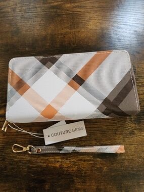 Couture Gems Plaid Double Zip Wallet Wristlet - White, Orange & Brown Grey